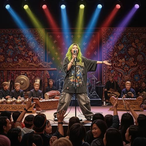 Young Female Singer in Indonesian Batik Stage Setting