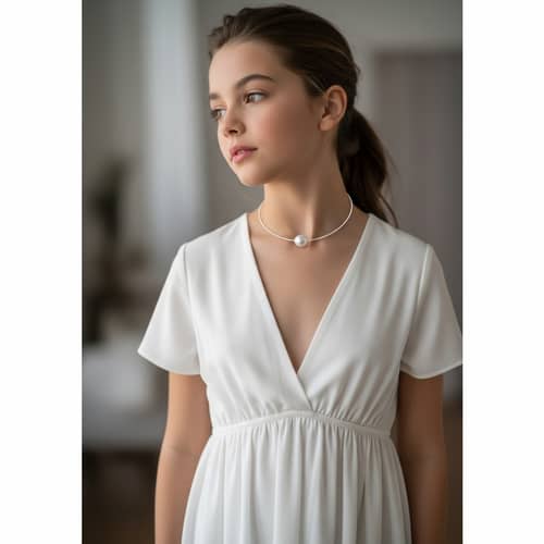 Stylish Caucasian Girl in White Mini Dress with Pearl Necklace