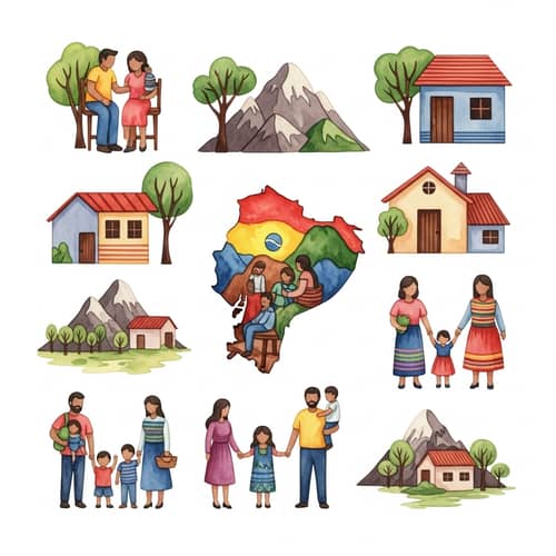 Diverse Ecuadorian Families in Abstract Watercolor Art