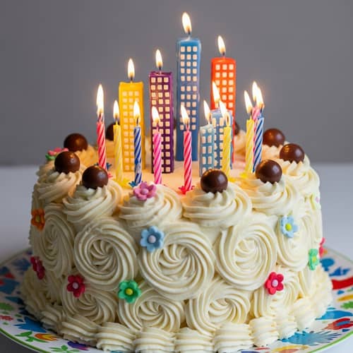 Colorful Birthday Cake with Lit Candles | Festive Celebration