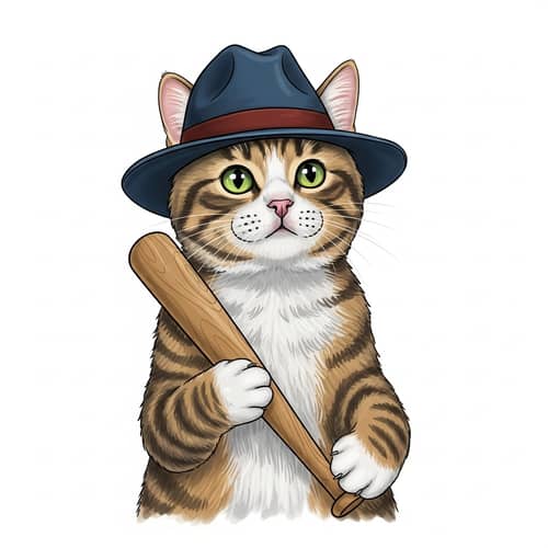 Whimsical Feline with Fashionable Hat and Wooden Bat