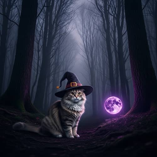 Witch's Hat Cat in Enchanted Forest | Magical Glow Scene