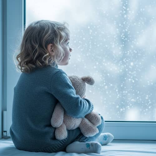 Adorable Caucasian Girl Marveling at Snowfall with Plush Toy