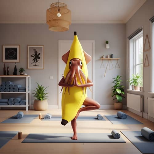 Squid in Banana Costume Practicing Yoga