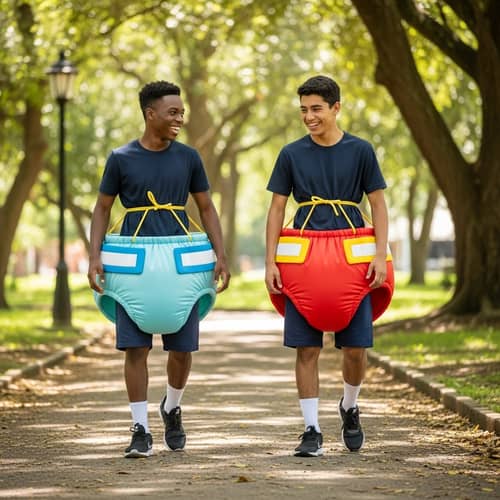 Hilarious Teen Boys in Diaper Costumes at Park