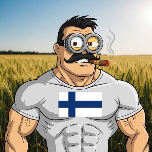 A pumped-up minion from cartoon with a cigar and a mustache in a T-shirt with the flag of Finland