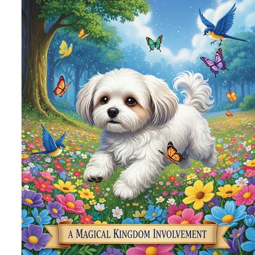 Whimsical White Lhasa Apso Dog in Magical Garden