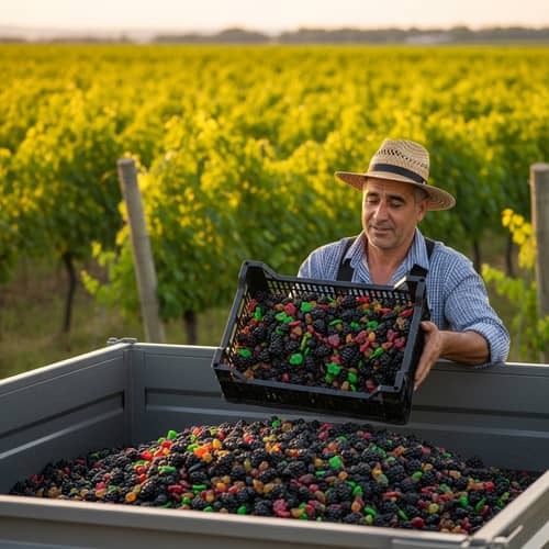Mediterranean Vineyard Worker Harvesting Black Grape Gummies