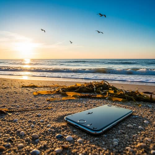 Tranquil Beach Scene: Morning Sunrise with Smartphone