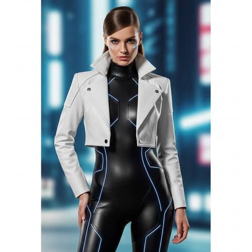 Futuristic Woman's Black Bodysuit & White Jacket Ensemble