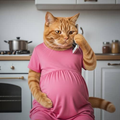 Charming Pregnant British Shorthair Cat in Pink Dress Experiencing Contractions