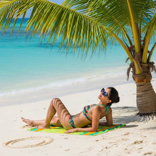 Tranquil South Asian Woman Sunbathing in Colorful Bikini