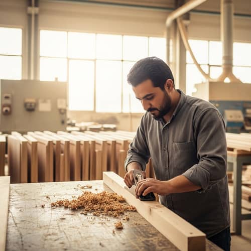 Middle-Eastern Woodworker Crafting Timber in a Factory