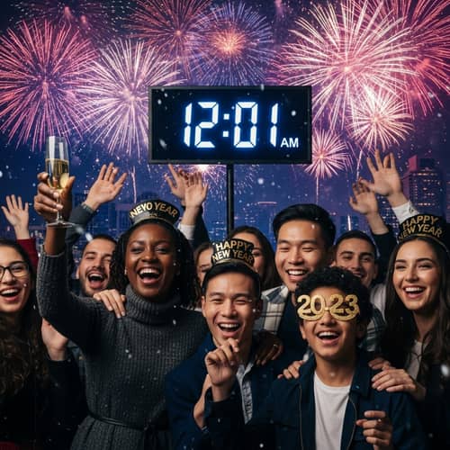 Vibrant New Year's Celebration with Fireworks at Midnight
