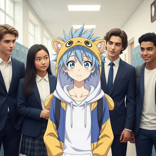 Diverse Group of Stylish Teenagers with Innocent Anime Character