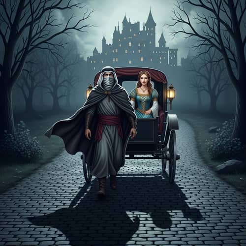 Medieval Escape: Veiled Man and Princess Fleeing Castle in Carriage