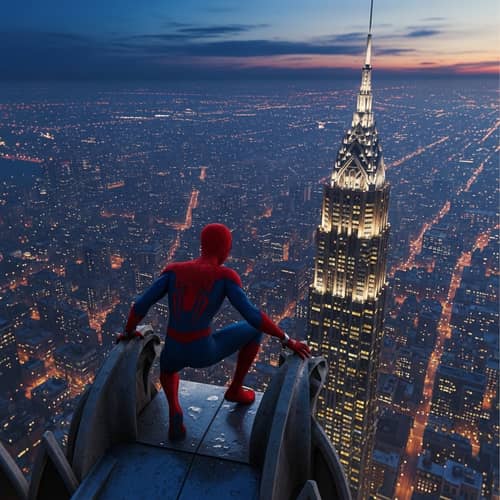 Superhero overlooking city skyline in red and blue costume