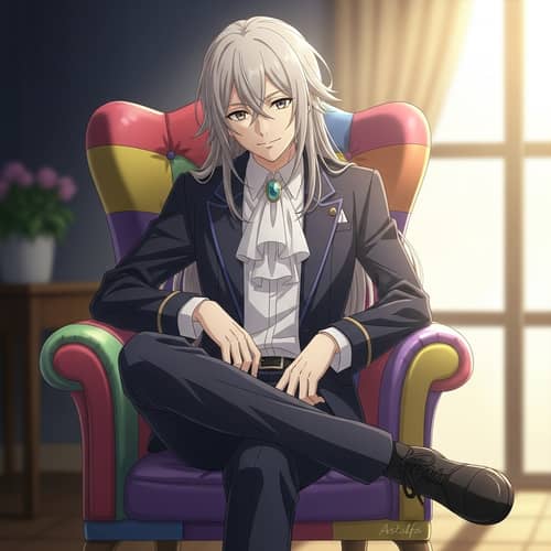 Playful Astolfo-Like Character Sitting on Colorful Chair