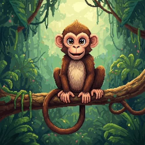 Pixel Art Monkey: Joyful Primate Sitting on Tree Branch