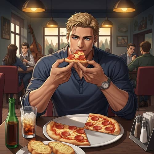 Ryan Gosling Enjoying Pepperoni Pizza in a Cozy Restaurant
