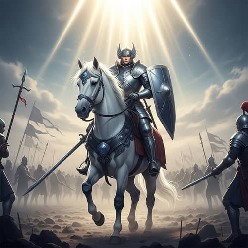 Majestic White Horse in Ethereal Battlefield | Noble Rider in Radiant Armor