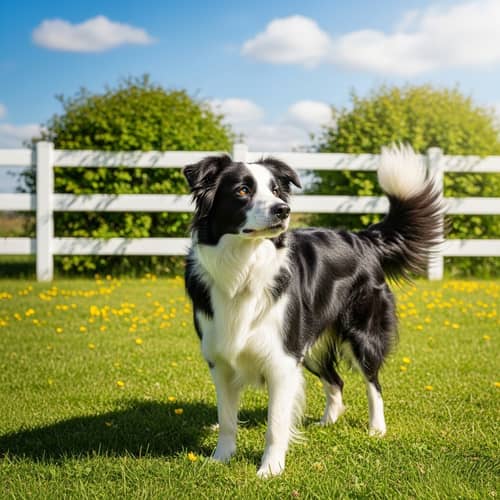 Black and White Dog in Green Field - Playful and Sunny