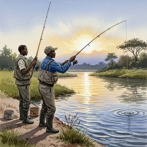 African Men Fishing by Meandering River at Sunset
