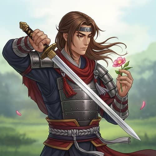 Dao Warrior with Brown Hair holding Sword and Flower