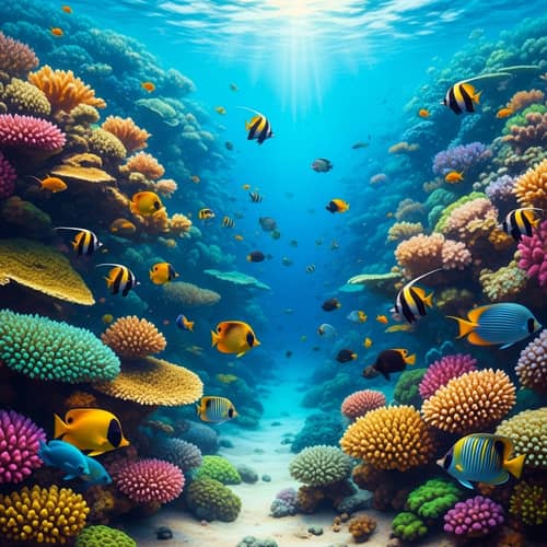 Surreal Underwater Scene with Vibrant Coral Reefs and Exotic Fish