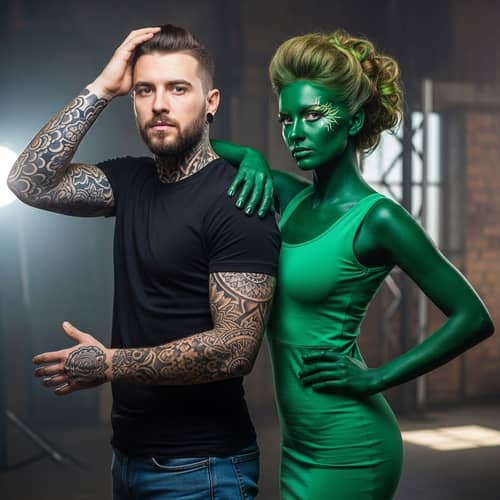 Tattooed Man and Green Painted Woman