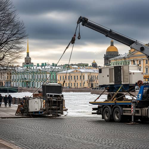 Tow Truck Loading Equipment in St. Petersburg Winter Scene