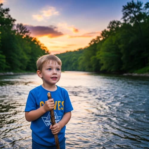 Young Boy by River in Blue T-Shirt | Beautiful Sunset Landscape