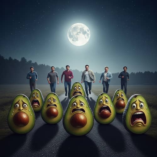 6 Avocados with Faces and Men Running at Night