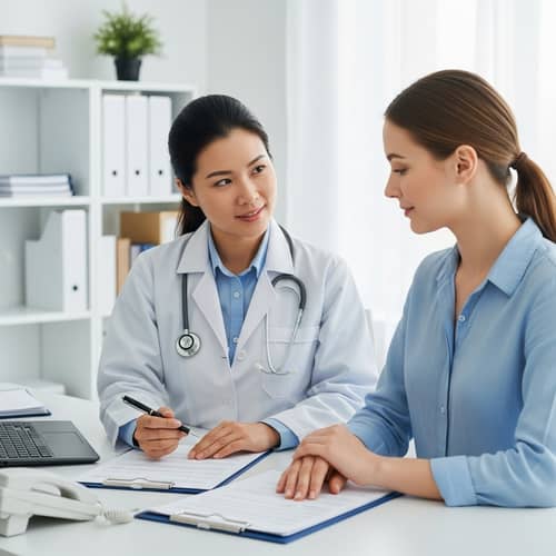 Asian Female Doctor Examining Caucasian Patient | Healthcare Visit