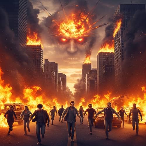 City Fire Disaster: People Running in Flames, Buildings Exploding