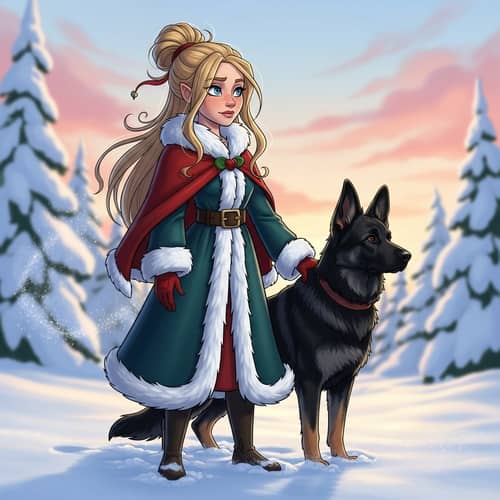 Folklore Creature with German Shepherd in Snowy Field