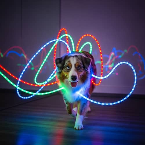 Vibrant Australian Shepherd Dog Surrounded by Govee Lights