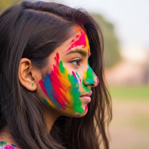 Vibrant Holi Celebration: South Asian Girl Covered in Colors