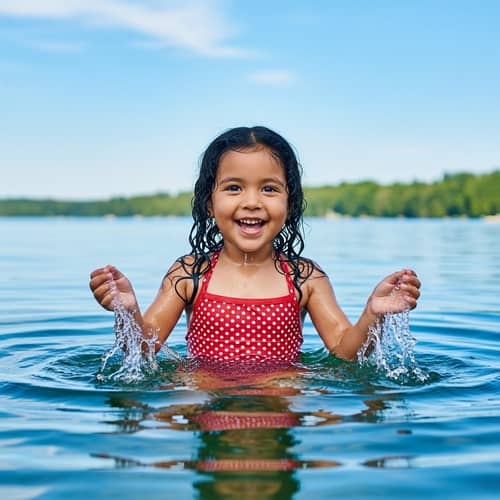 Joyful Hispanic Girl Splashing in Clear Blue Water