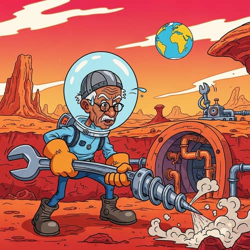 Elderly Engineer Building Advanced Underground Bunker on Mars