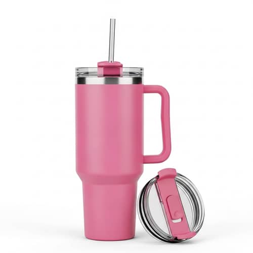 Stylish Pink Tumbler Cup with Handle, Lid, and Straw