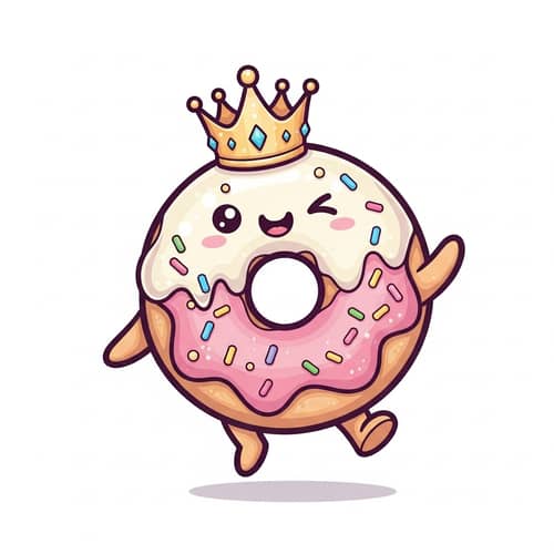 Cheerful Donut Character with Sparkling Crown | Vibrant Animated Art
