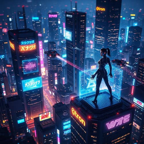 Futuristic Nighttime Cityscape: Cyberpunk East Asian Female Cyborg