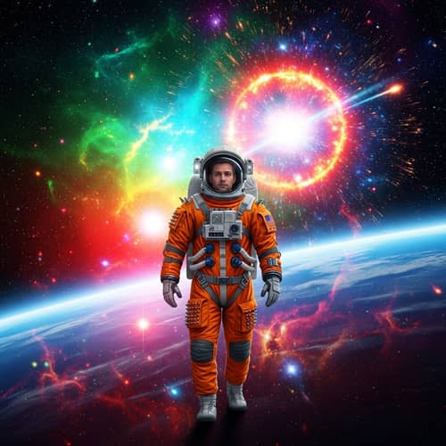 Colorful Space Adventure: Astronaut in Supernova Burst Scene