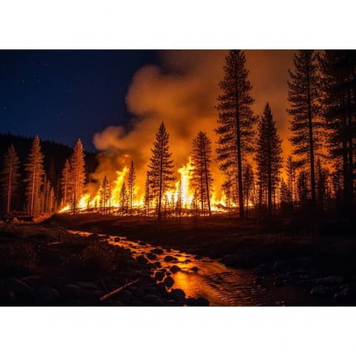 Intense Forest Fire Scene: Captivating Flames & Clear Creek
