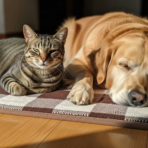 Contented Cat and Golden Retriever Enjoying Sunlit Nap Together