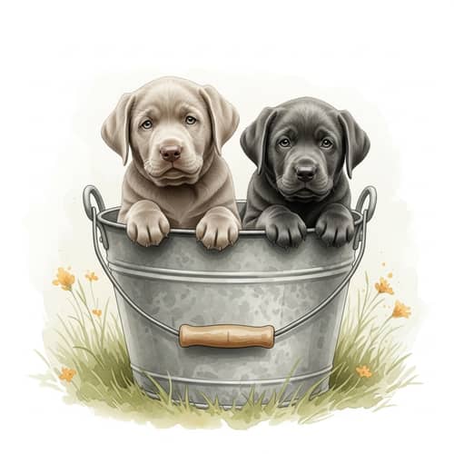 Silver and Charcoal Labrador Puppies in Bucket | Watercolor Art