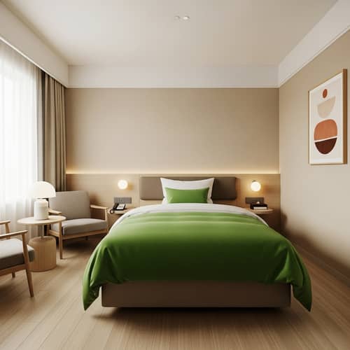 Cozy Minimalistic Hotel Room with Green Bedding