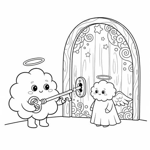 Whimsical Cloud Coloring Page - Key to Angelic Realm