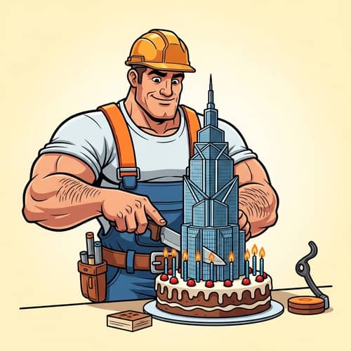 Cartoon Builder Celebrates Birthday with Skyscraper Cake